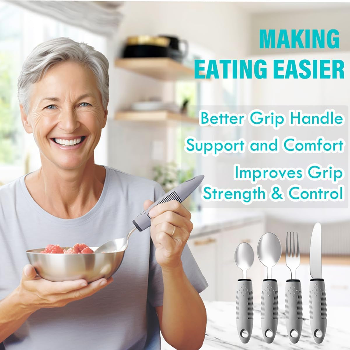 Adaptive Utensils, Adaptive Utensils 4Pcs for Hand Tremors,Elderly, Arthritis,Parkinsons-Built up Utensils for Adults–Easy Grip Aids Handle–2.5Oz Each Weighted Silverware for Hand Tremors