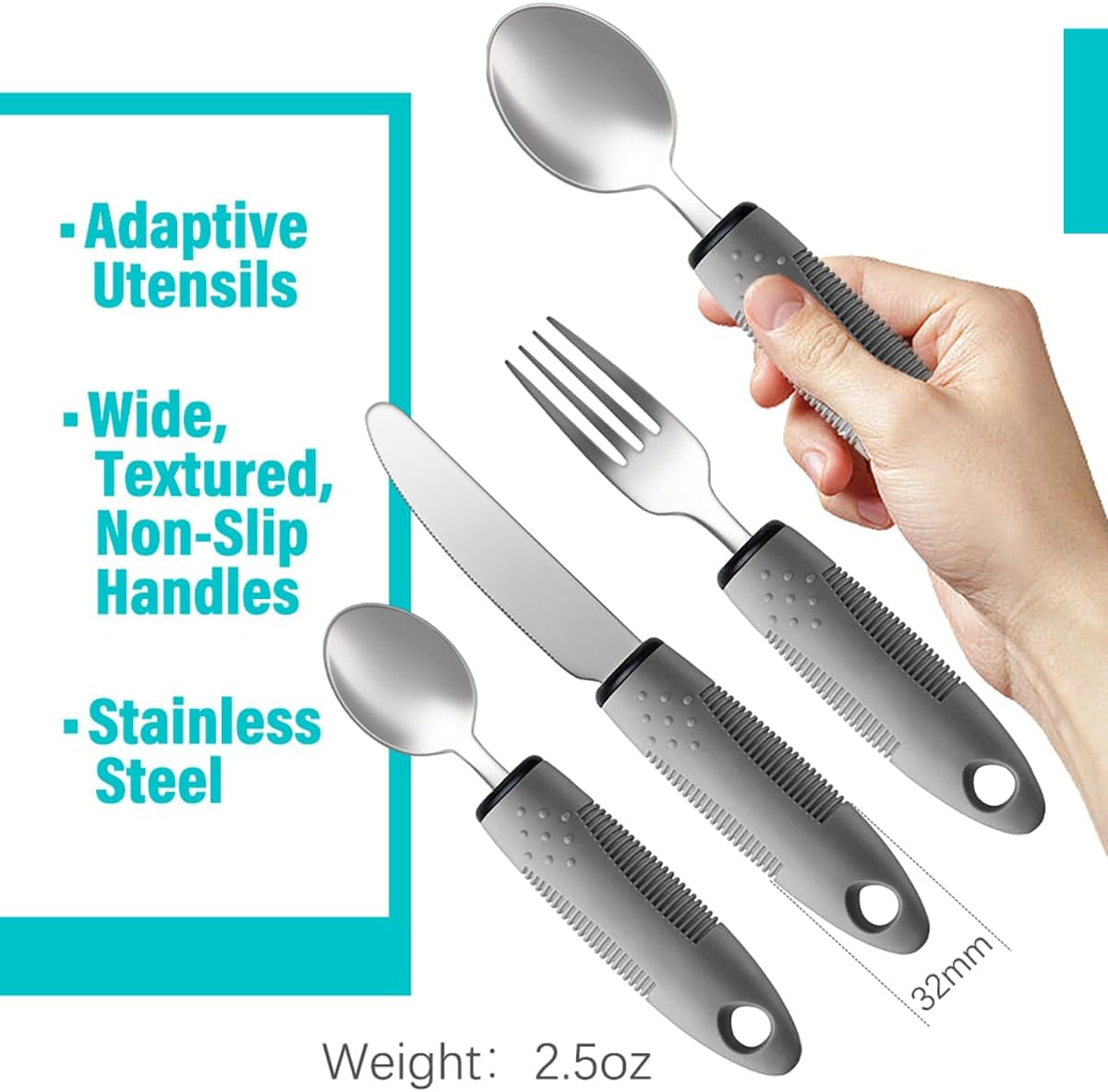 Adaptive Utensils, Adaptive Utensils 4Pcs for Hand Tremors,Elderly, Arthritis,Parkinsons-Built up Utensils for Adults–Easy Grip Aids Handle–2.5Oz Each Weighted Silverware for Hand Tremors